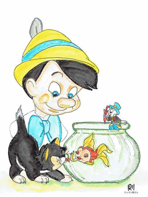 金魚と話すピノキオたちの塗り絵の下絵 画像