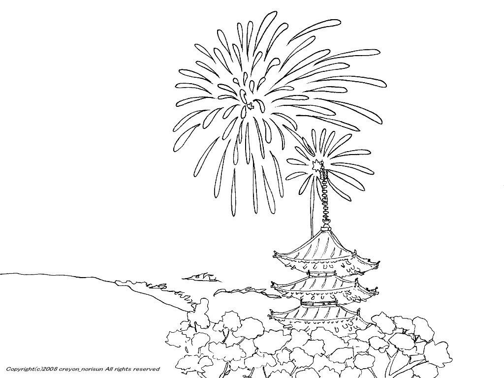 興福寺の５重の塔と花火の下絵ー打ち上げ花火のぬりえ