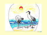 日の出と丹頂鶴の塗り絵