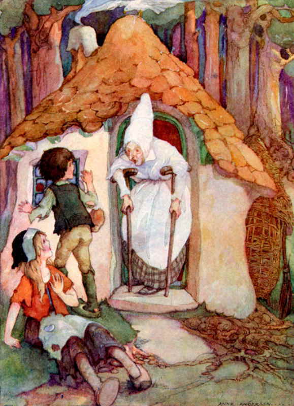 お菓子の家の魔女とヘンゼルとグレーテルの塗り絵の下絵 画像