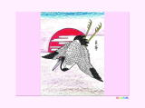 日の出に飛ぶ丹頂鶴の浮世絵の塗り絵