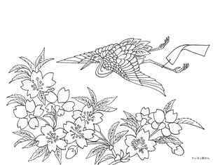 鶴と桜の花の塗り絵の下絵 画像