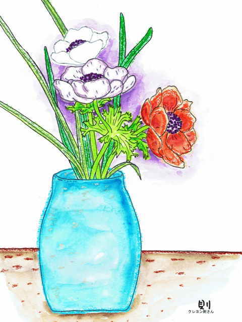 花瓶のアネモネの花の塗り絵の下絵 画像