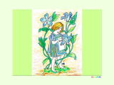 ２月２４日、４月１０日の誕生日の花のツルニチニチソウと少女の塗り絵