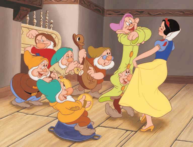 奏で踊る白雪姫と７人の小人の塗り絵の下絵 画像
