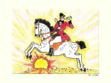 日の出に馬に乗りラッパ吹く男の塗り絵