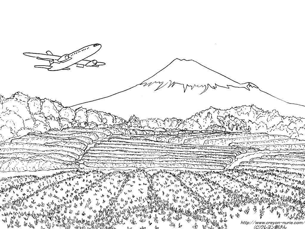 富士山と旅客機の下絵 富士山のぬりえ