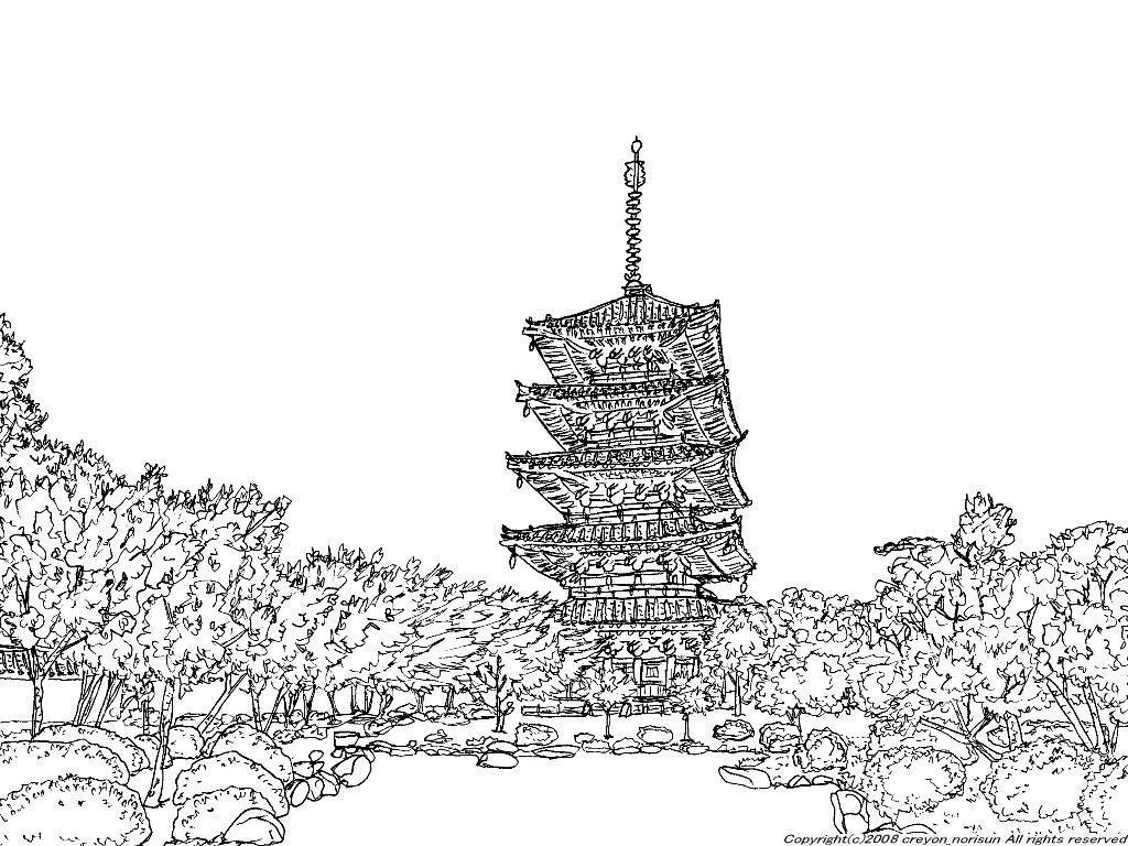 京都東寺の三重塔の下絵 風景のぬりえ