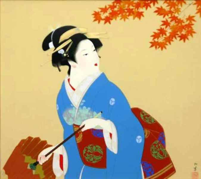 上村松園の紅葉と着物女性の塗り絵の下絵、画像