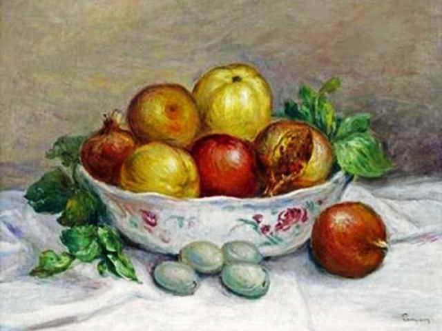 リンゴ、ナシ、ザクロの静物画の塗り絵の下絵、画像