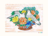 鳩とバラの花束の塗り絵