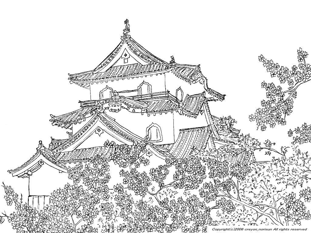 桜と彦根城の下絵～さくら、桜のぬりえ