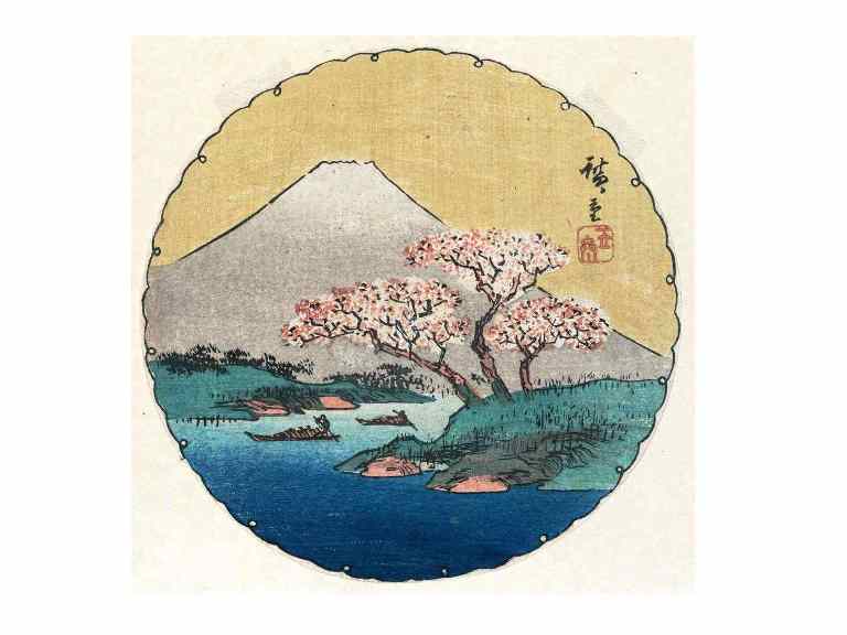 富士山と桜の風景の浮世絵の塗り絵の下絵 画像
