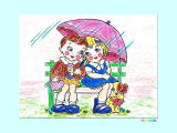 あいあい傘の男の子、女の子の塗り絵イラスト